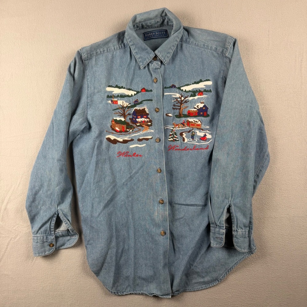 Karen Scott Womens Small Denim Shirt Winter Wonderland Embroidered Blue Cotton